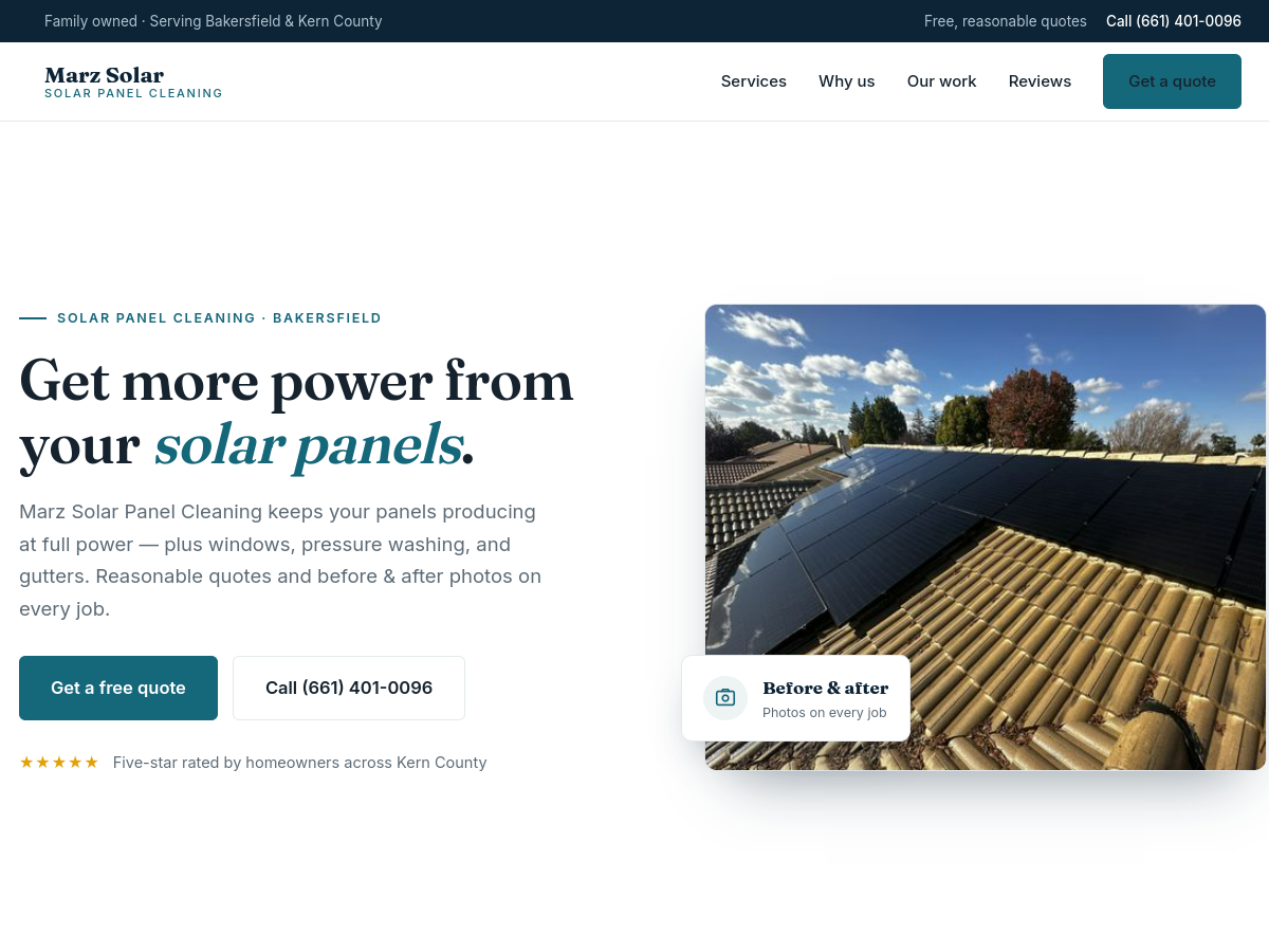 Screenshot of the Marz Solar Panel Cleaning website built by Ops Ranked