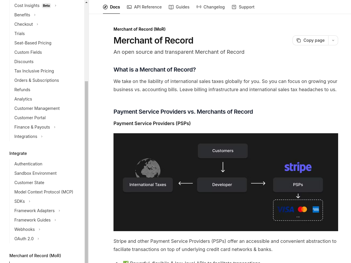 Polar merchant of record docs screenshot