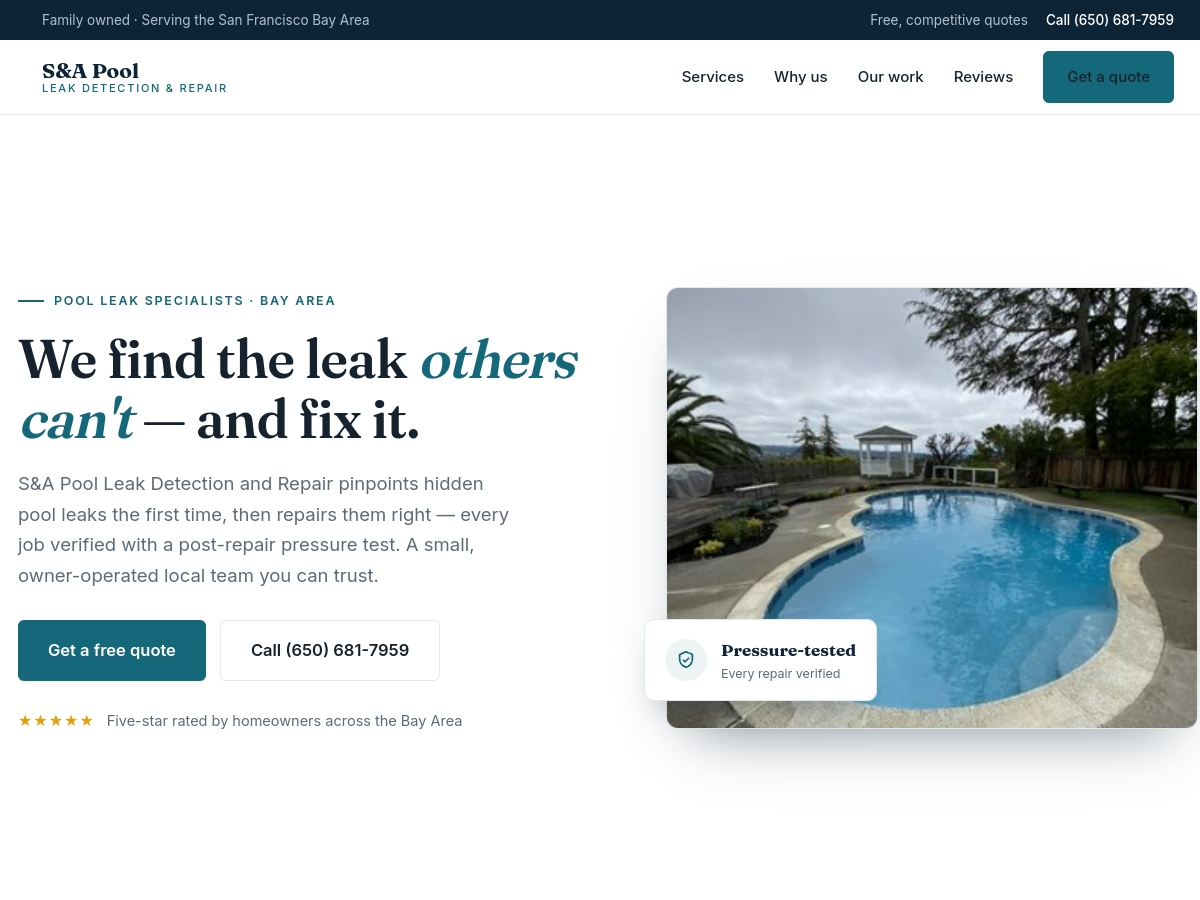 Screenshot of the S&A Pool Leak Detection website built by Ops Ranked