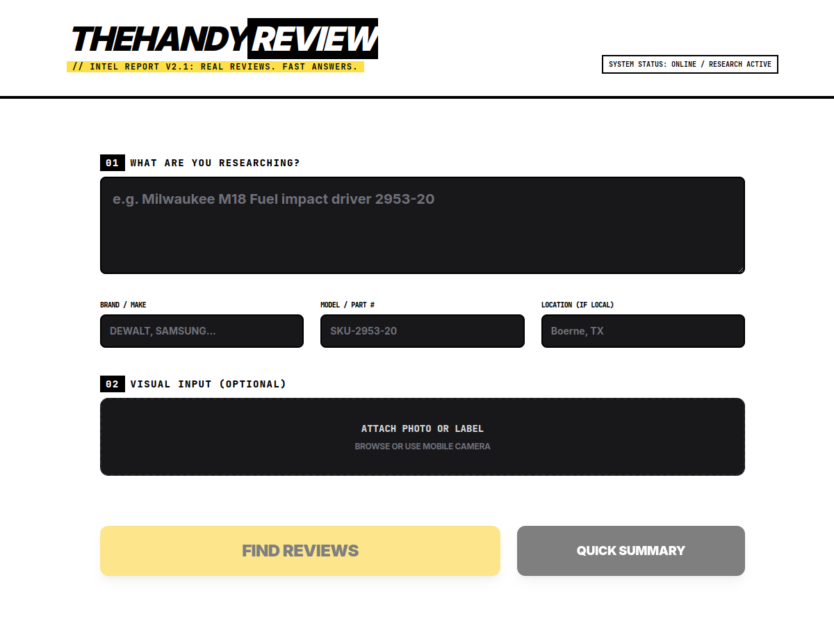 The Handy Review website screenshot