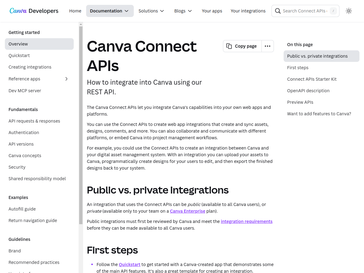 Canva Connect API example page screenshot