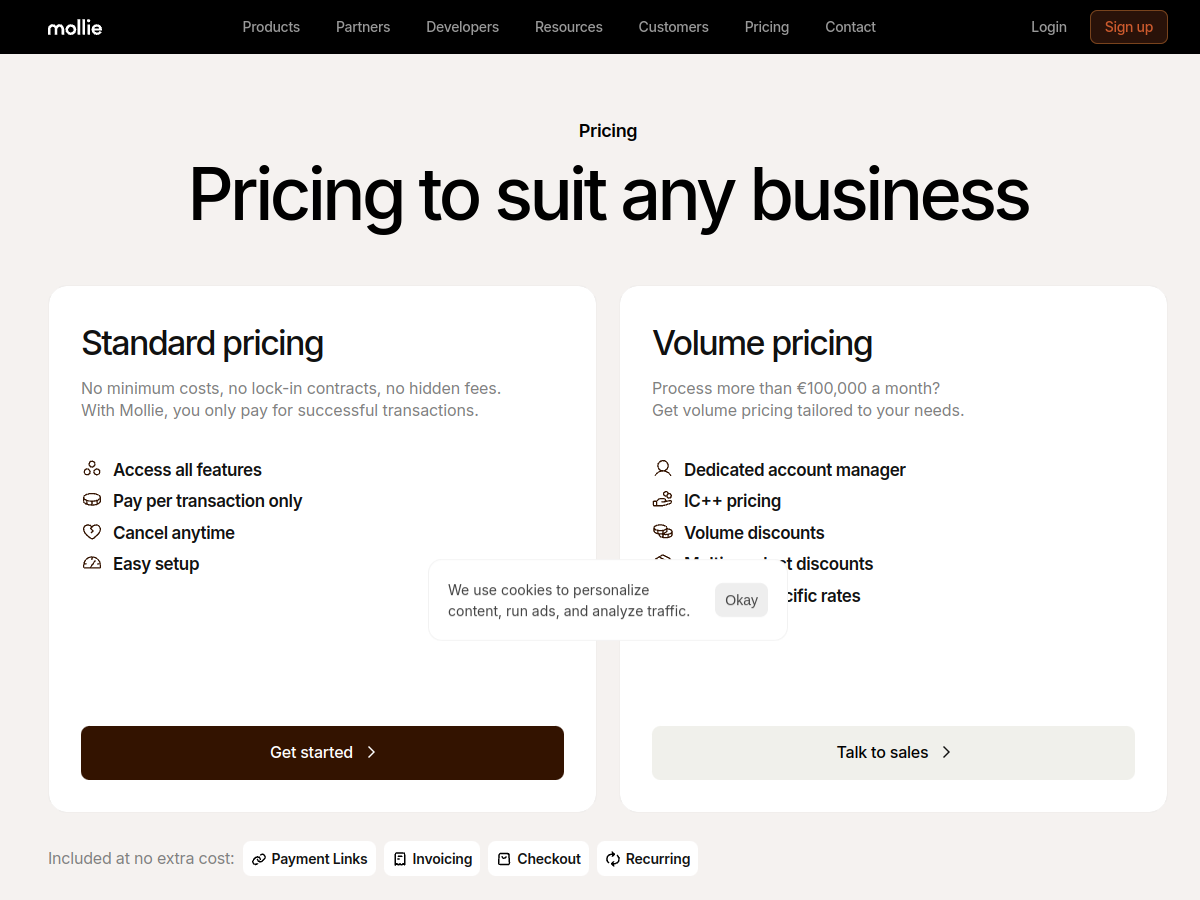 Mollie pricing page screenshot