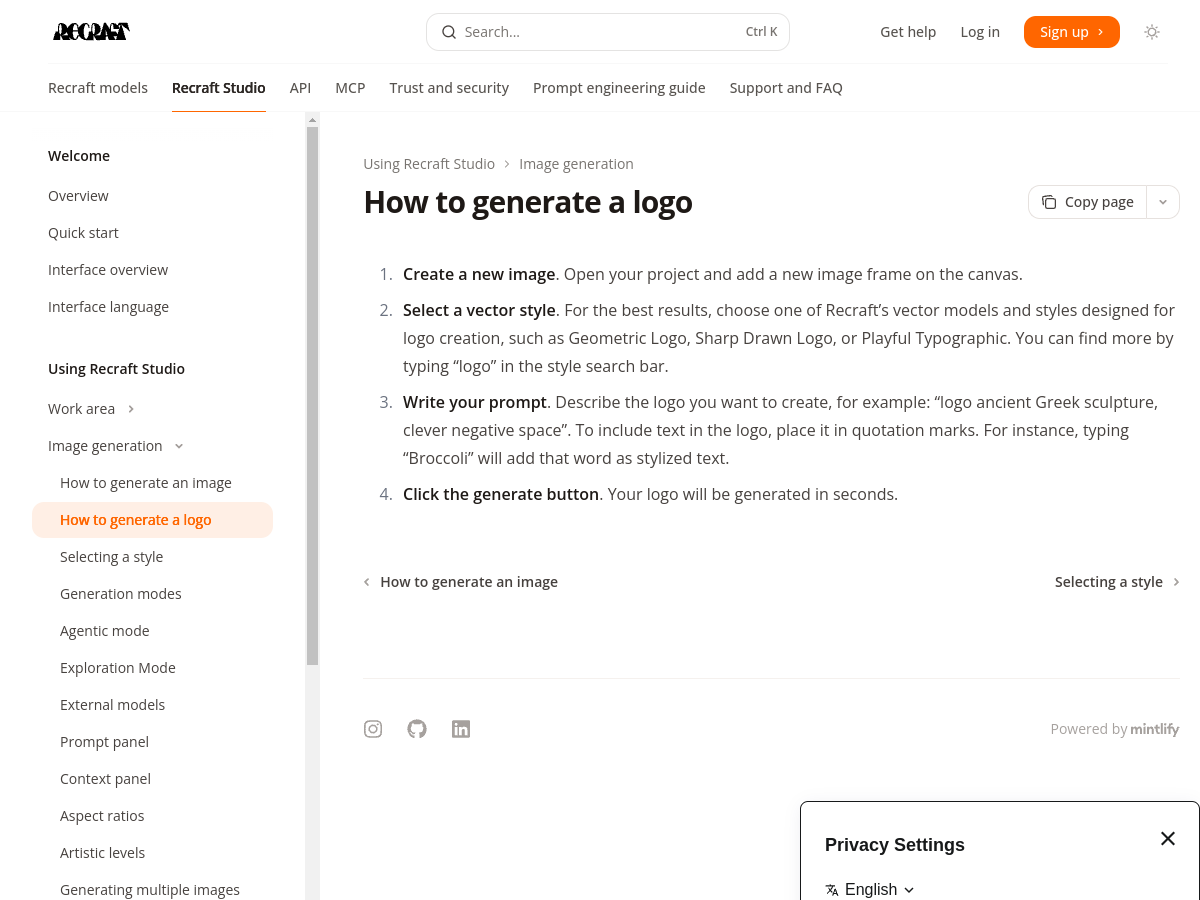 Recraft official logo example page screenshot