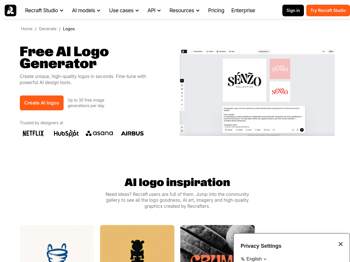 Recraft V4 Vector example page screenshot