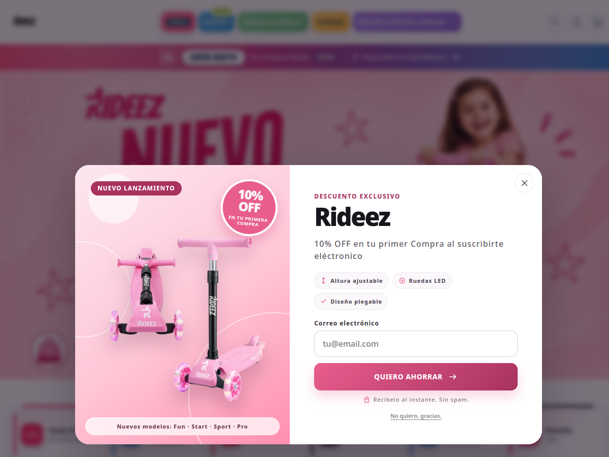 Vista previa del sitio e-commerce RIDEEZ