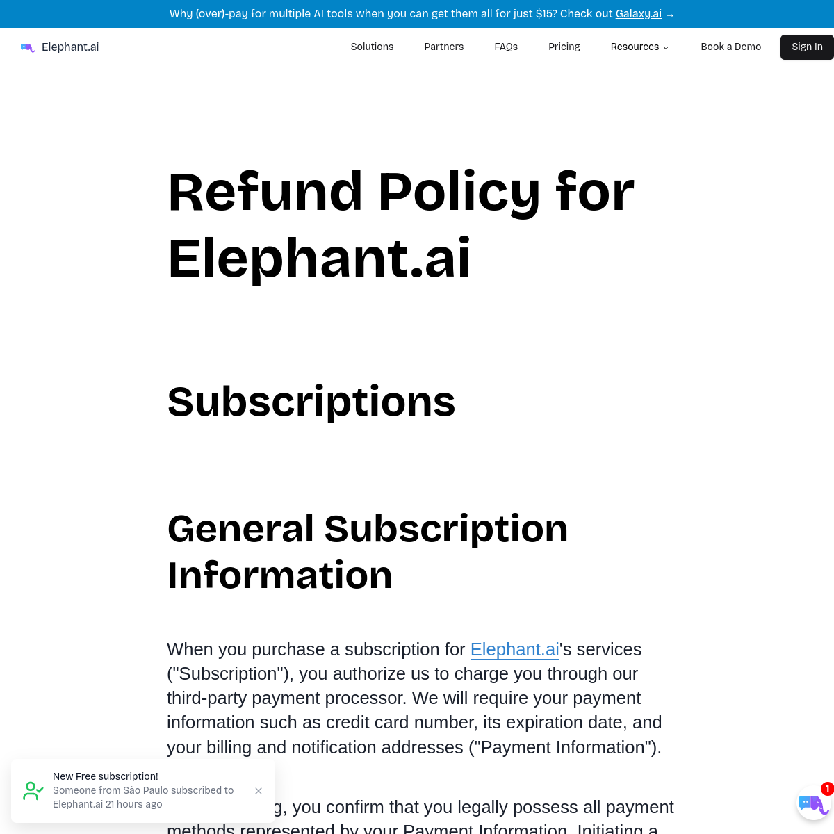 Elephant.ai refund policy page screenshot used for refund and cancellation checks