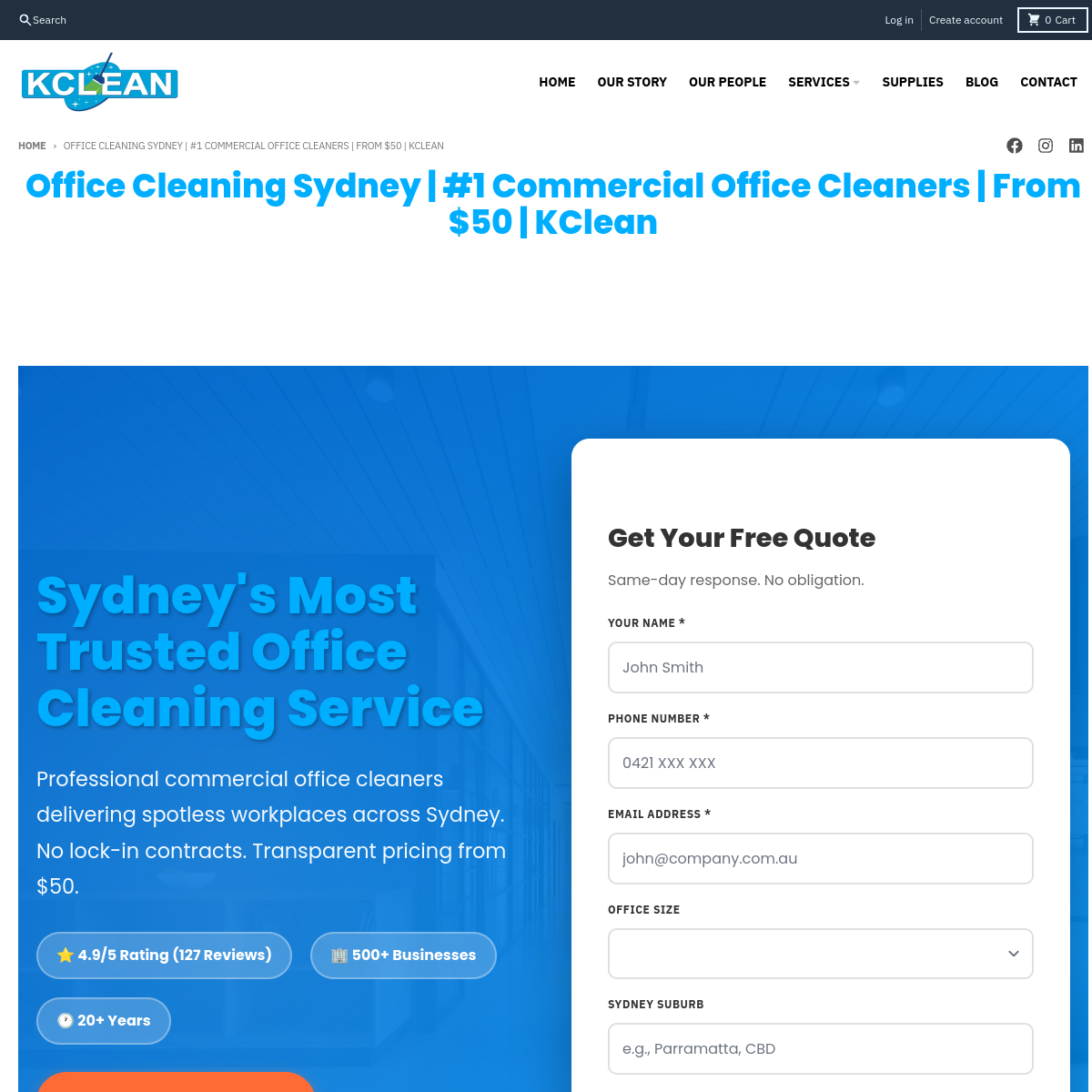 Screenshot of KCLEAN Services Office Cleaning Sydney page