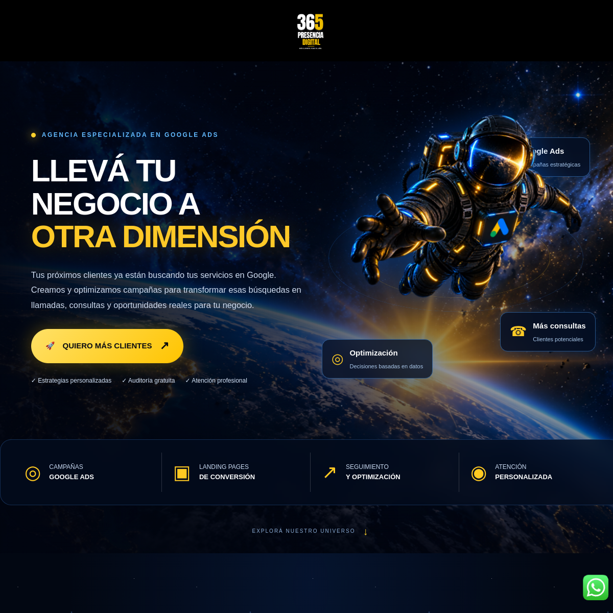 Diseño web futurista de Presencia Digital 365, agencia especializada en Google Ads