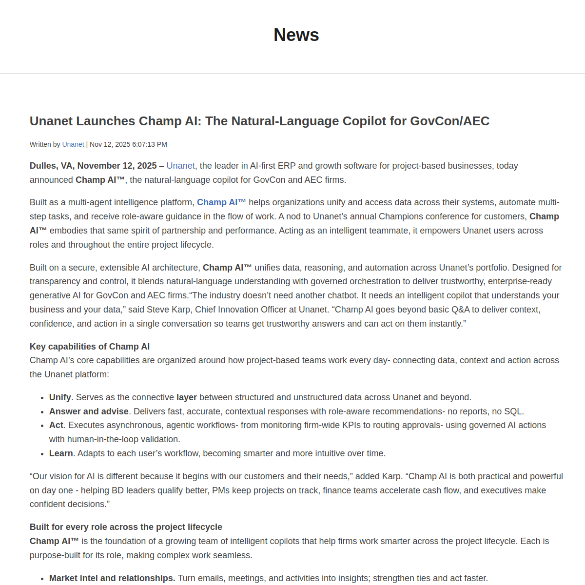 Unanet Launches Champ AI: The Natural-Language Copilot for GovCon and AEC Firms