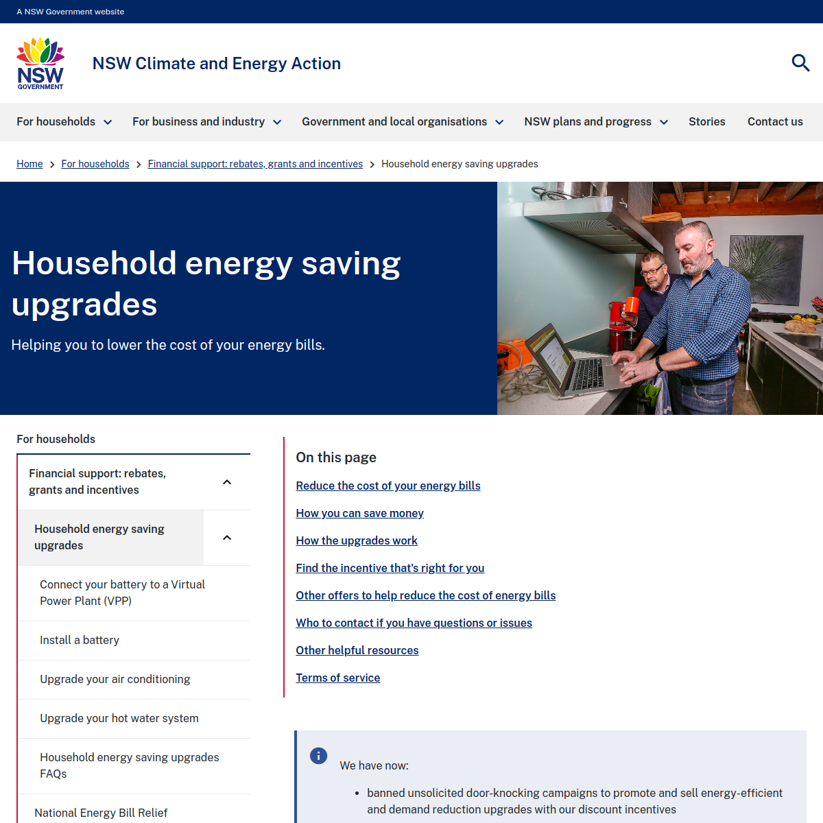 Screenshot of NSW household energy saving upgrades page