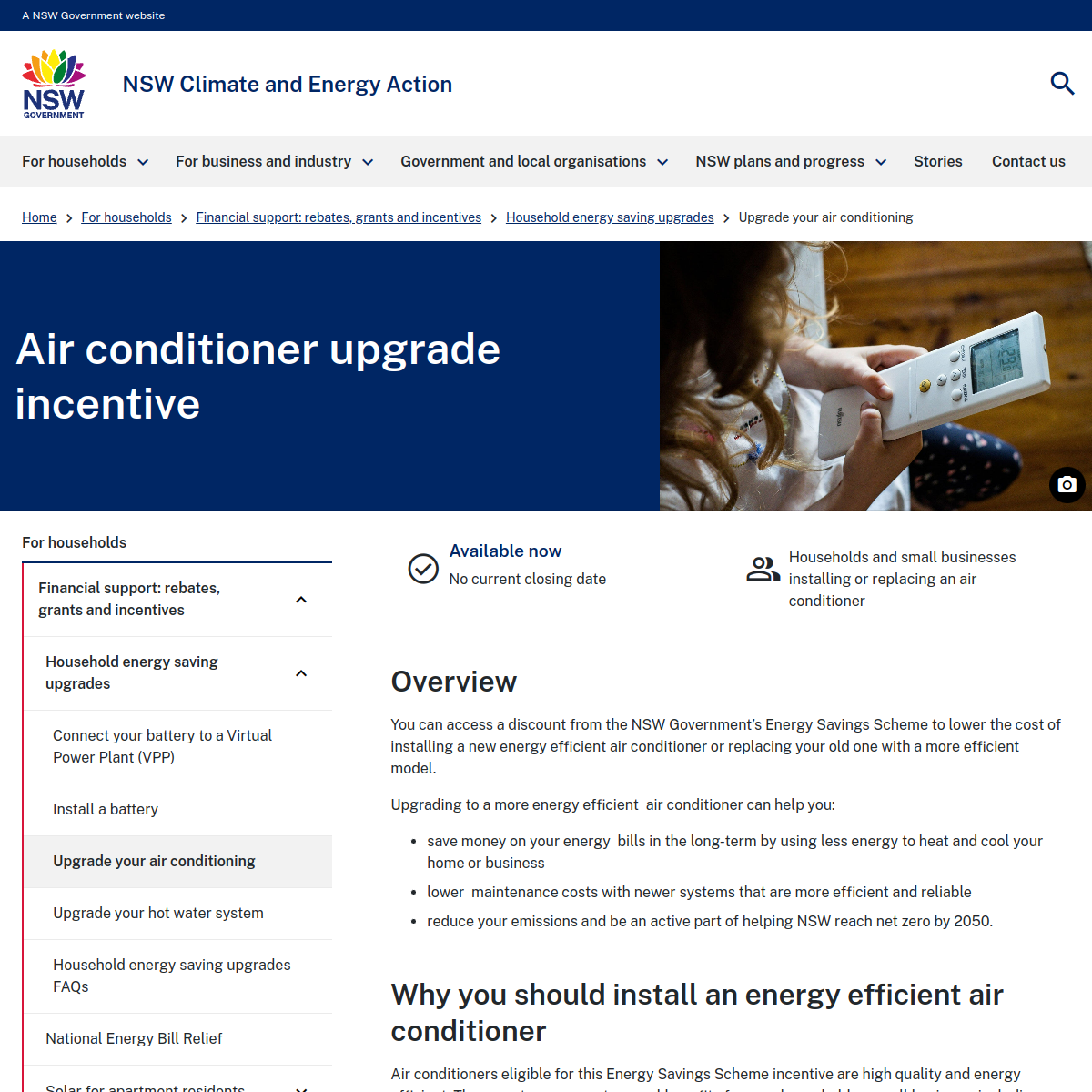 Screenshot of NSW Air conditioner upgrade incentive page