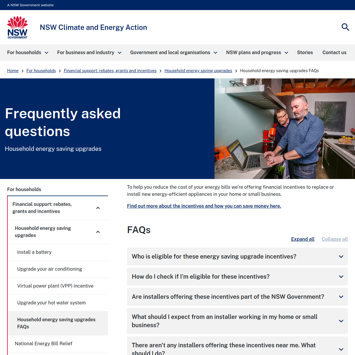 Screenshot of the NSW Household Energy Saving Upgrades FAQs page in 2026