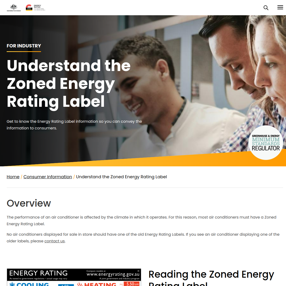 Screenshot of official Zoned Energy Rating Label explanation page