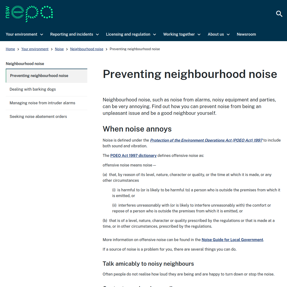 Screenshot of NSW EPA preventing neighbourhood noise page