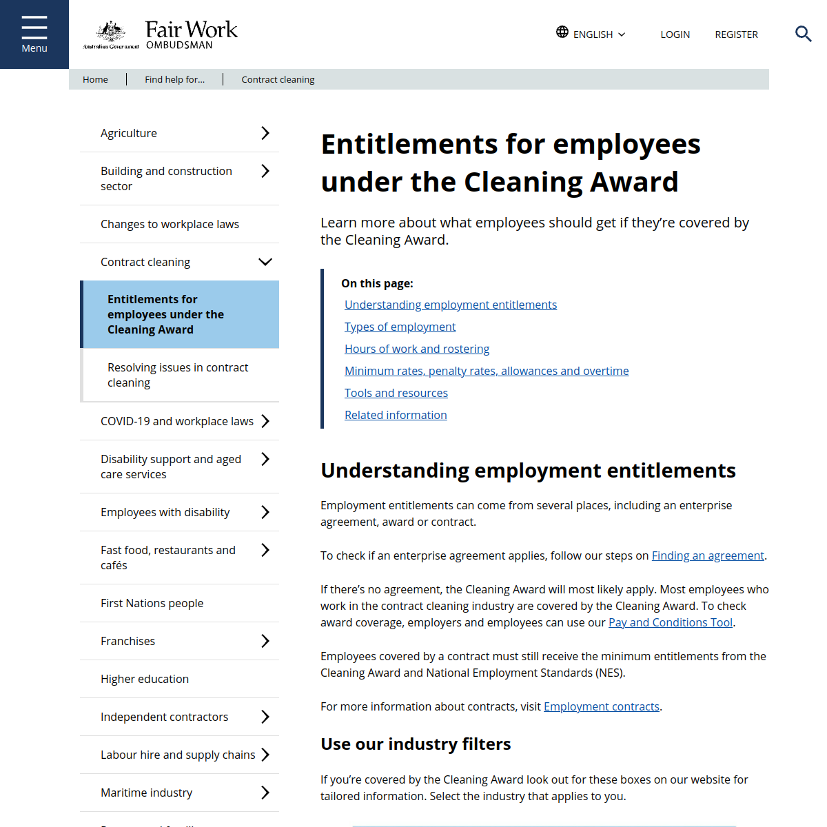 Screenshot of Fair Work cleaning award guidance