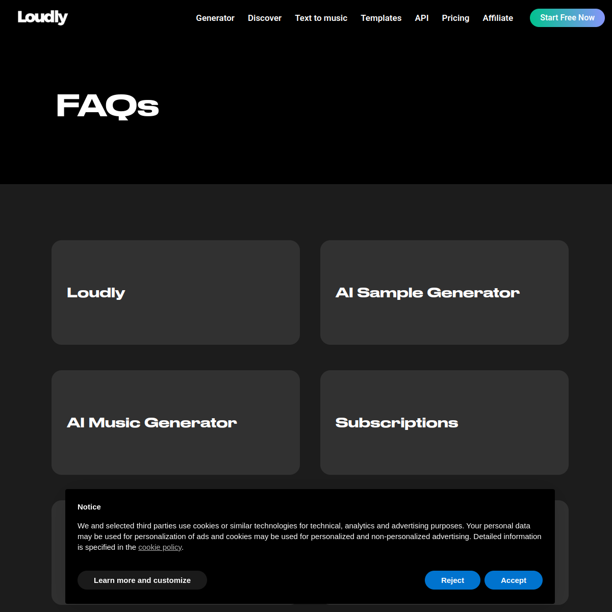Loudly FAQ page screenshot for subscription, refunds, and free plan details
