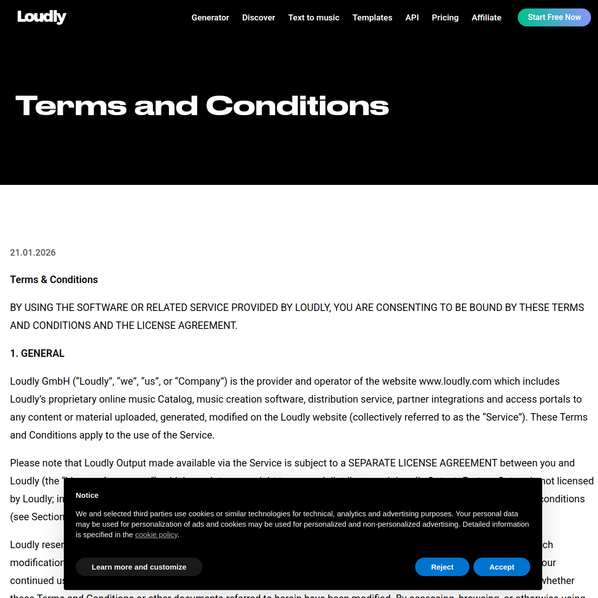 Loudly terms and conditions screenshot for subscription and cancellation language