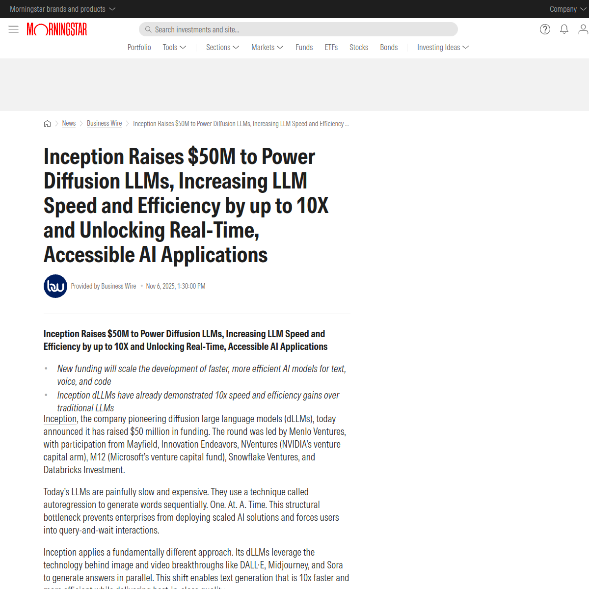 Inception Raises $50M to Power Diffusion LLMs, Increasing LLM Speed and Efficiency by up to 10X