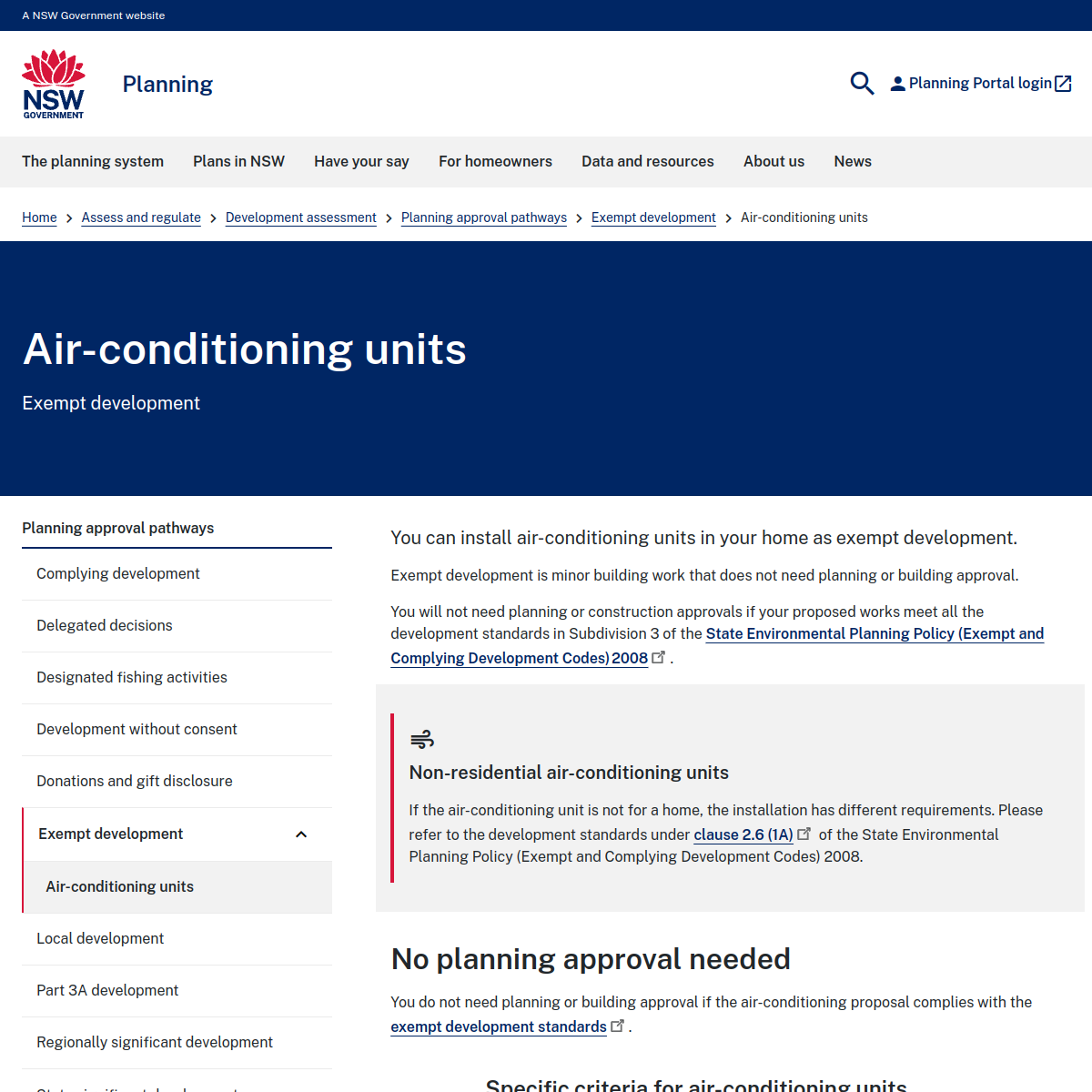 Screenshot of NSW Planning Portal air-conditioning units exempt development page
