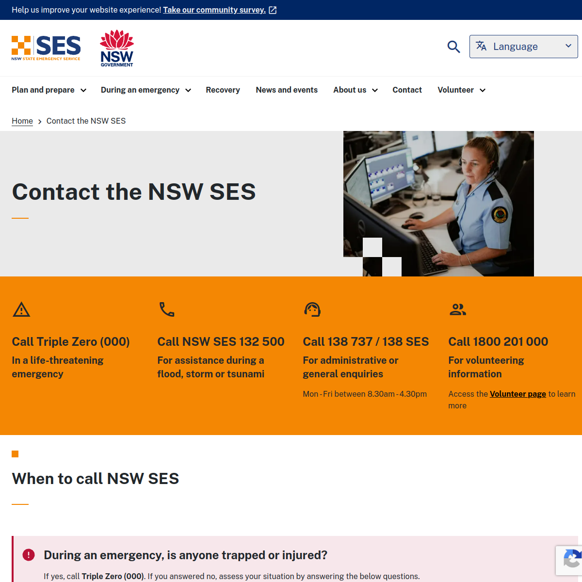 Screenshot of NSW SES emergency contact guidance