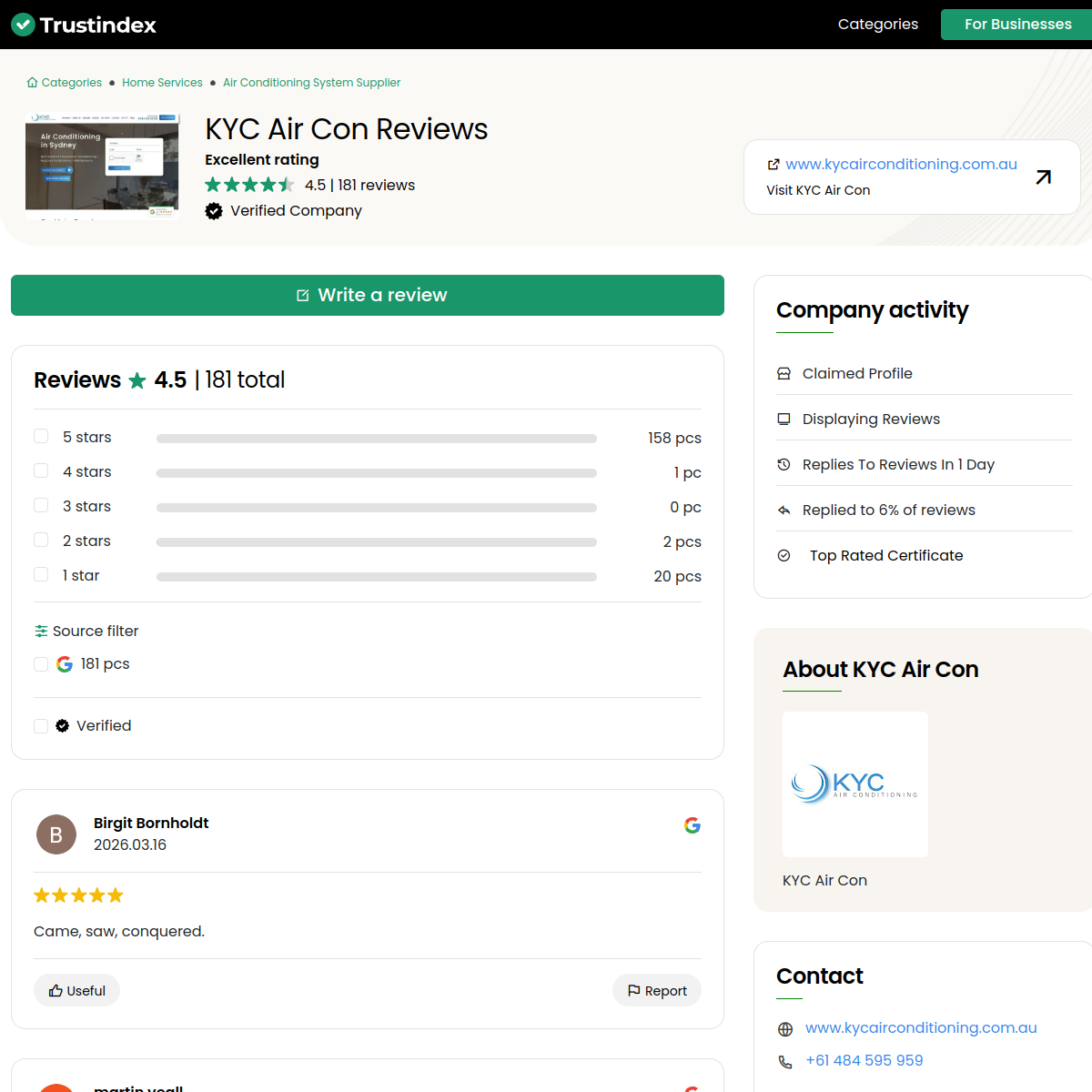 Screenshot of KYC 2026 review proof page on Trustindex