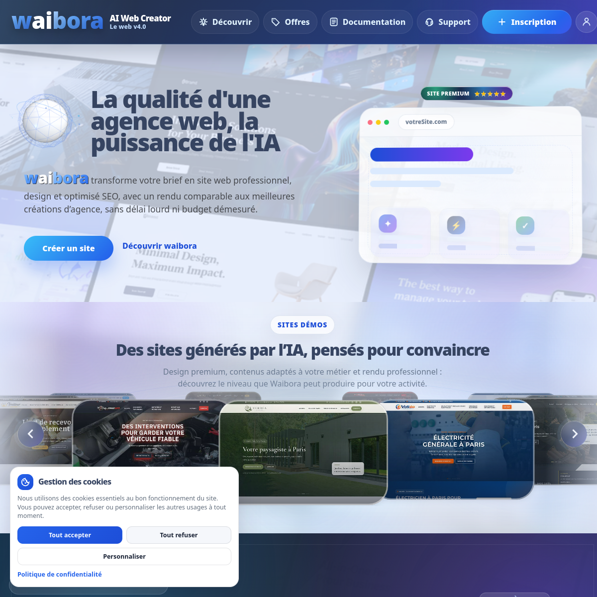 Aperçu de la plateforme de création de sites web Waibora