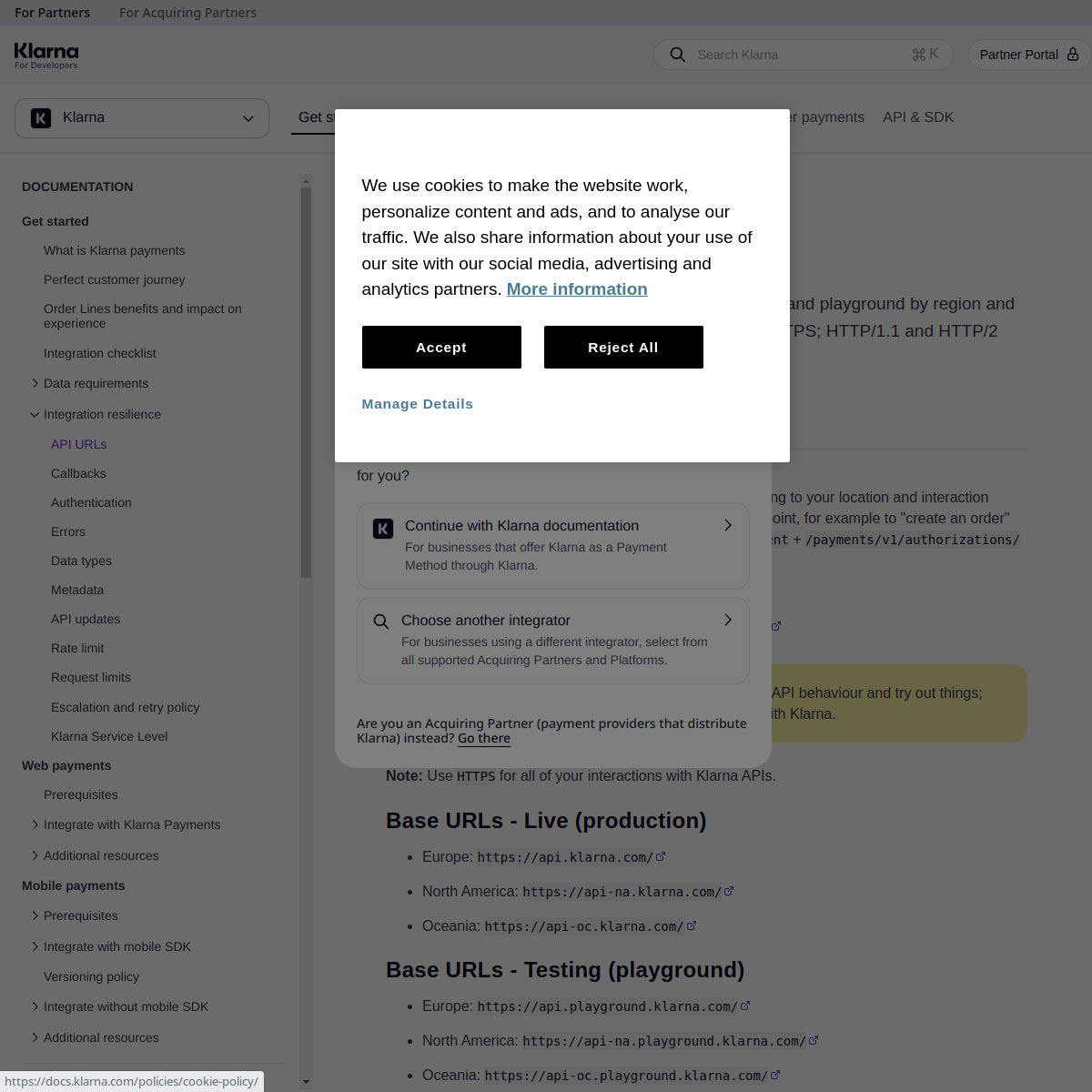 Screenshot of docs.klarna.com