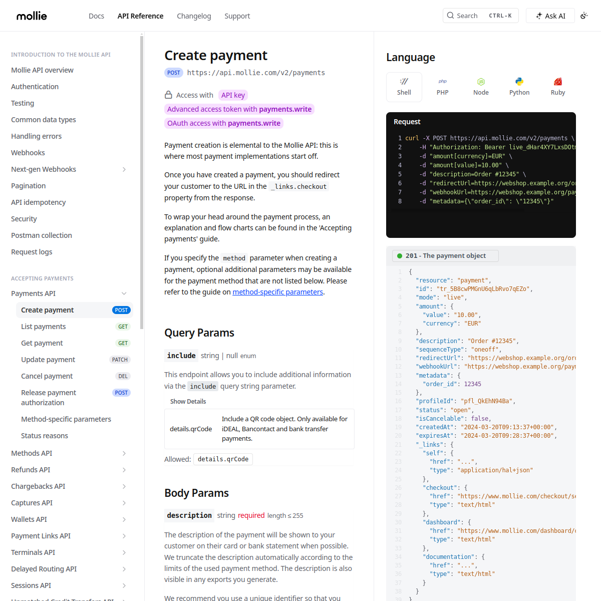 Screenshot of docs.mollie.com