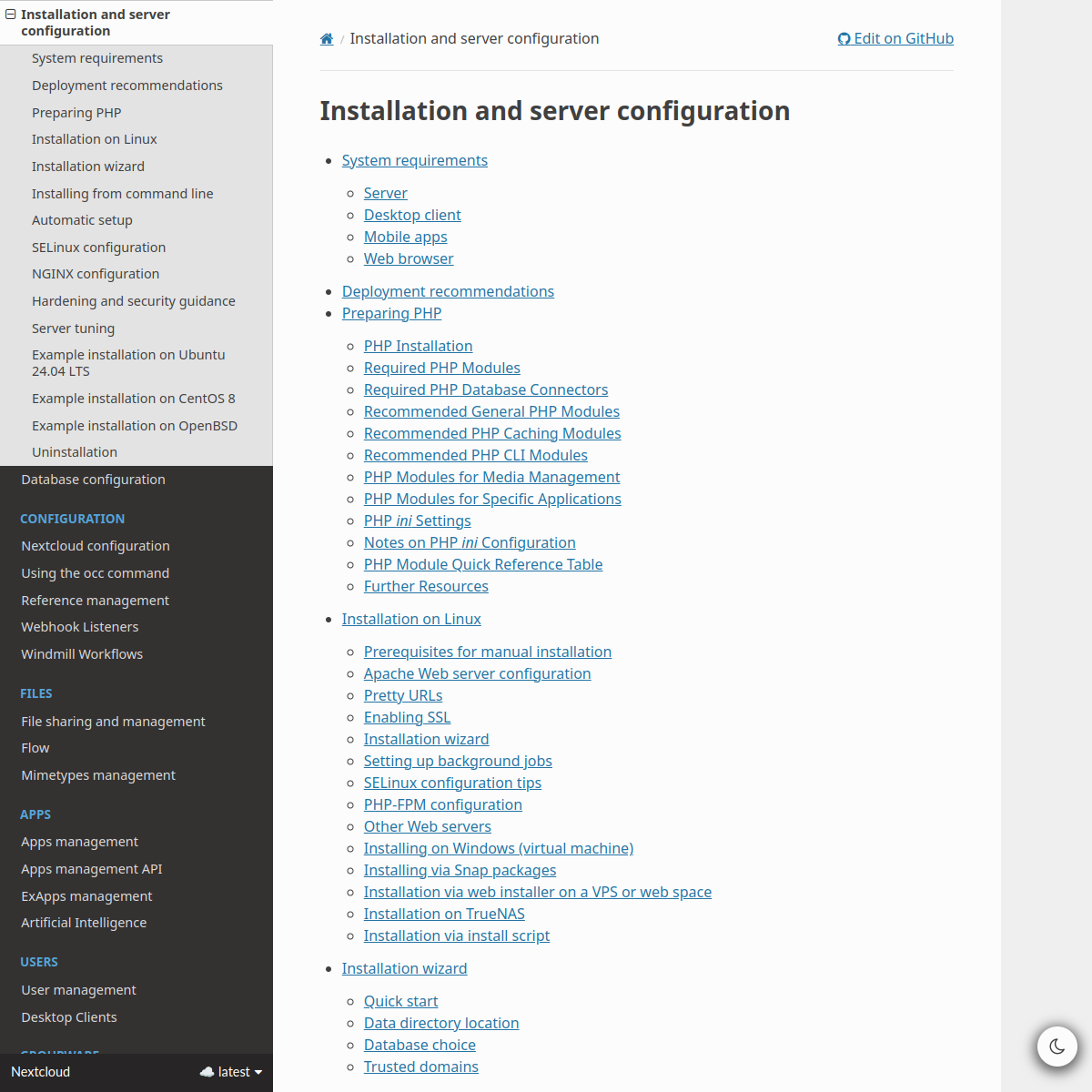 Screenshot of docs.nextcloud.com