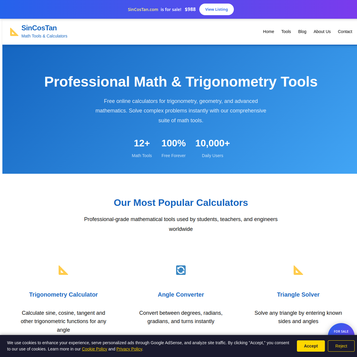 SinCosTan.com live screenshot