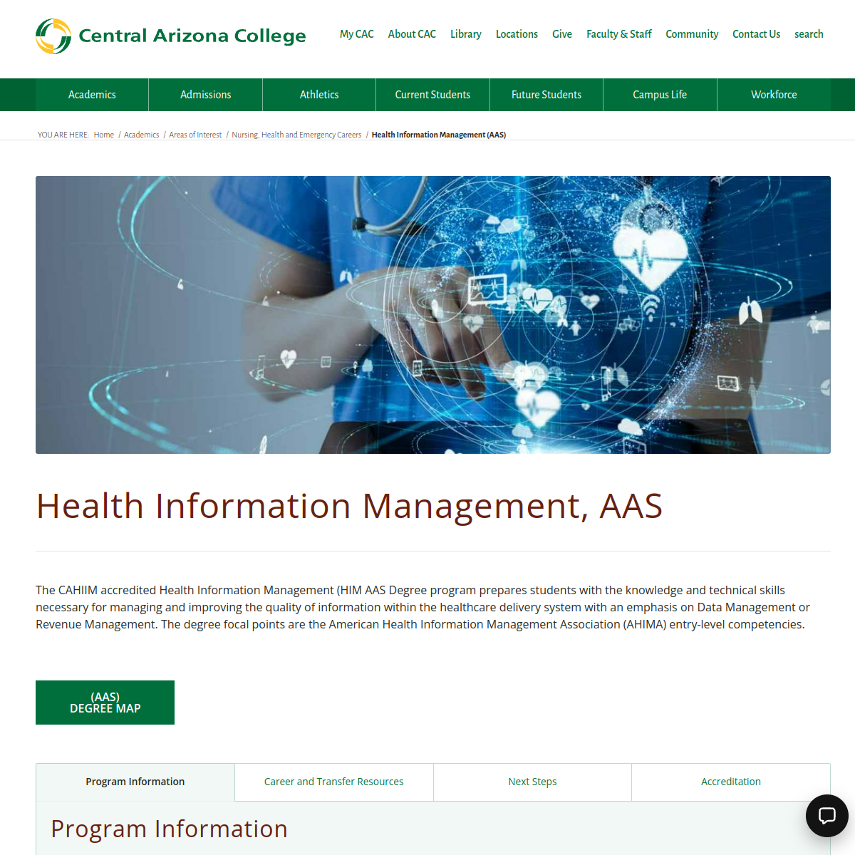 Screenshot of Central Arizona College