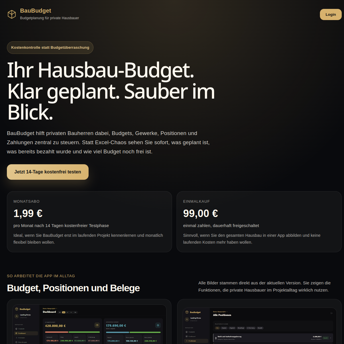 Screenshot der BauBudget Landingpage