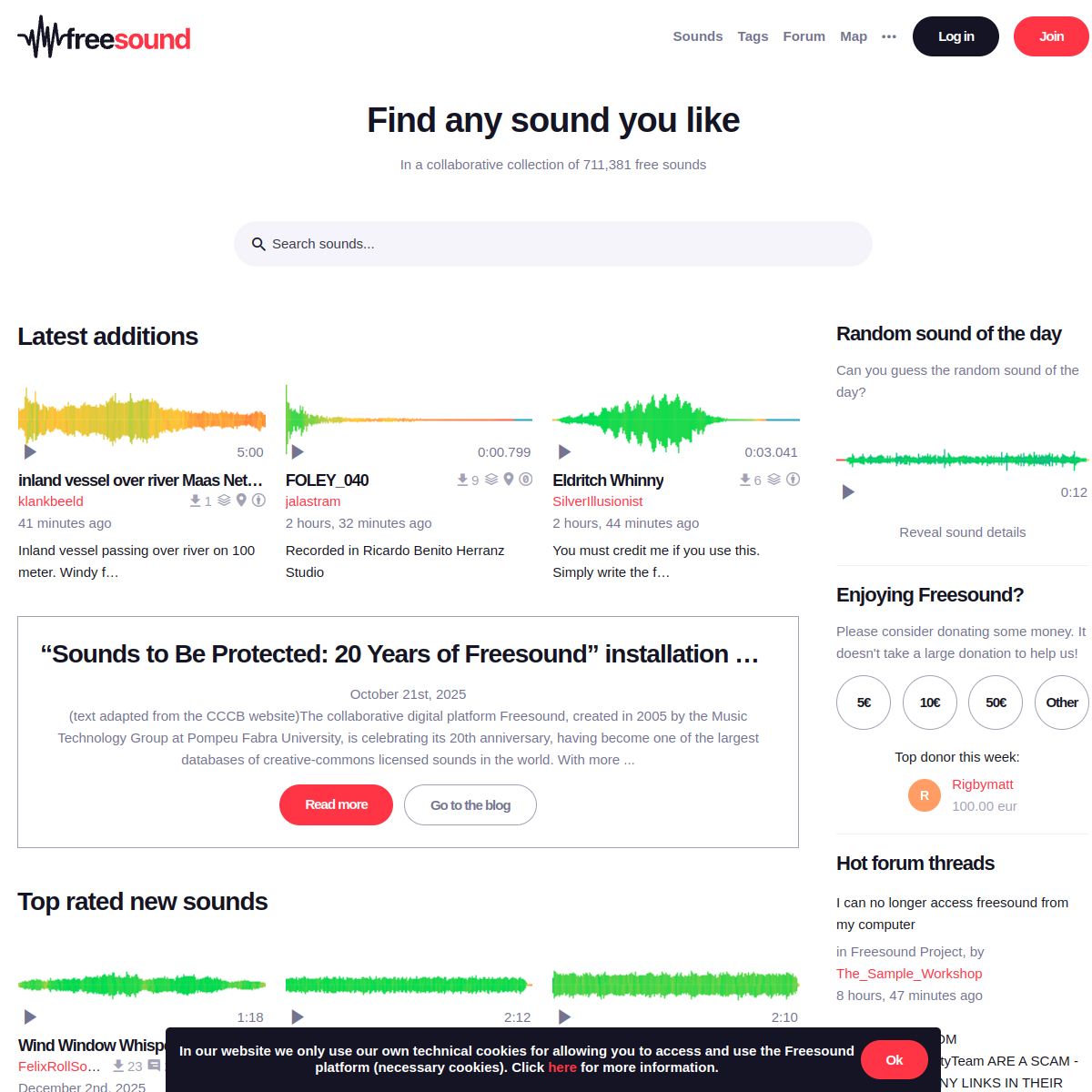 Live screenshot of freesound.org