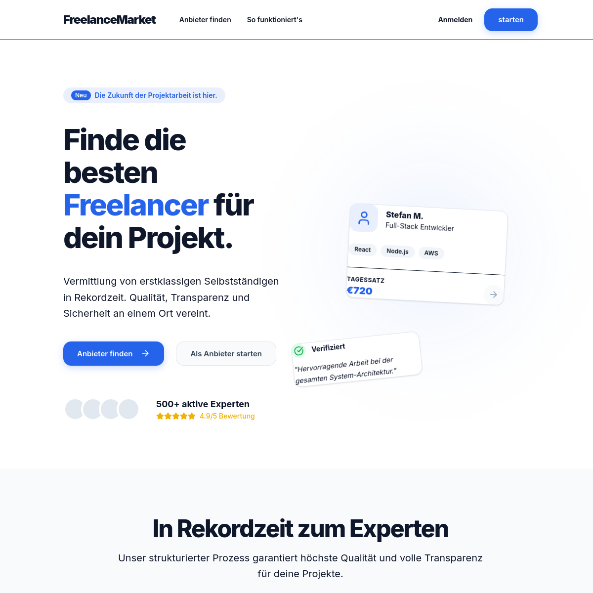 Screenshot der FreelanceMarket Landingpage