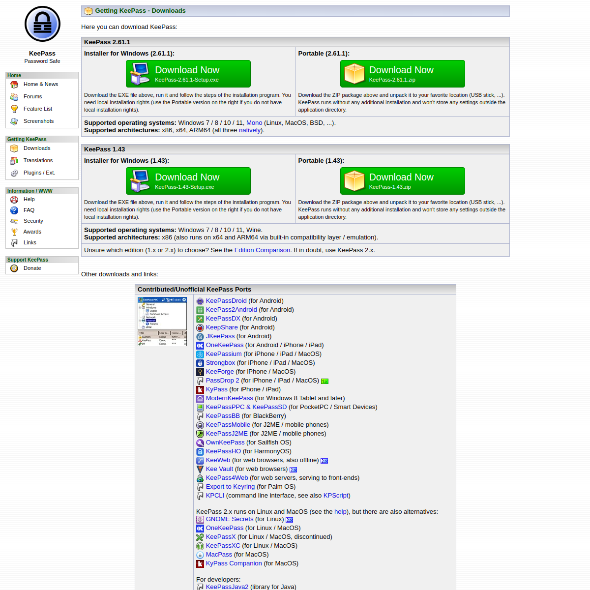 Capture d'écran de KeePass — Site officiel et interface de KeePass (keepass.info)