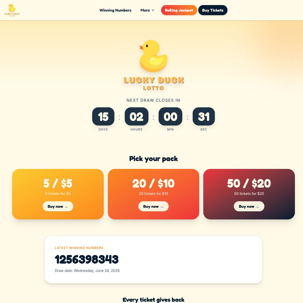 Lucky Duck Lotto website screenshot