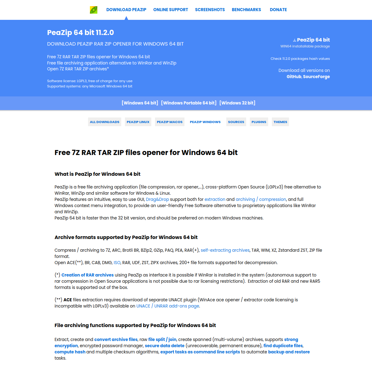 Capture d'écran de PeaZip — Site officiel et interface de PeaZip (peazip.github.io)