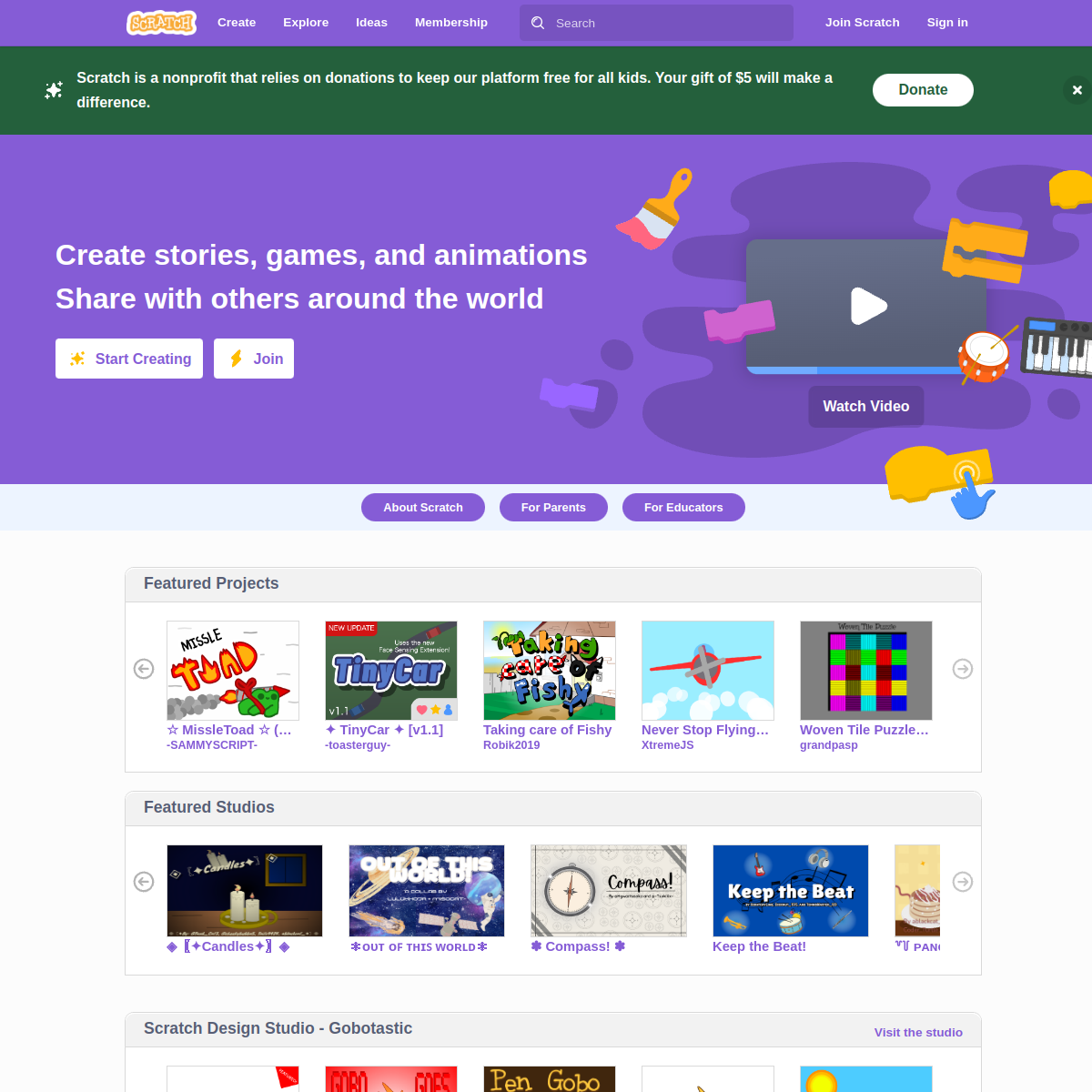 Live screenshot of scratch.mit.edu