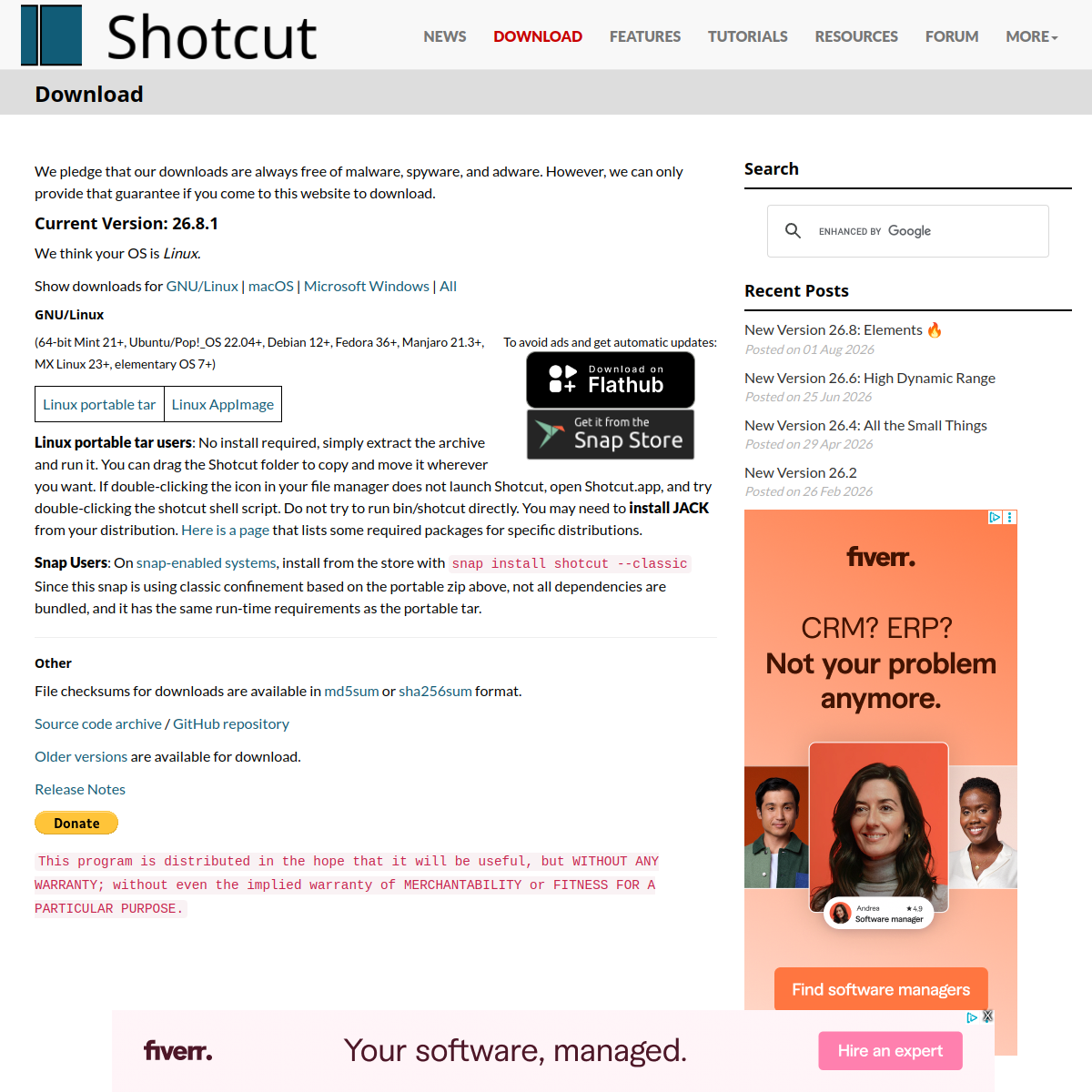 Capture d'écran de Shotcut — Site officiel et interface de Shotcut (shotcut.org)