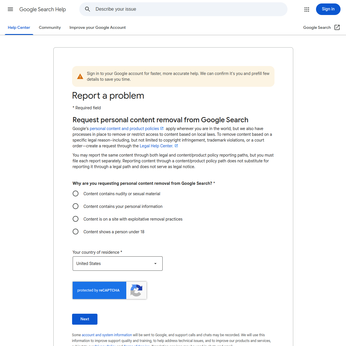 Google legal removal form