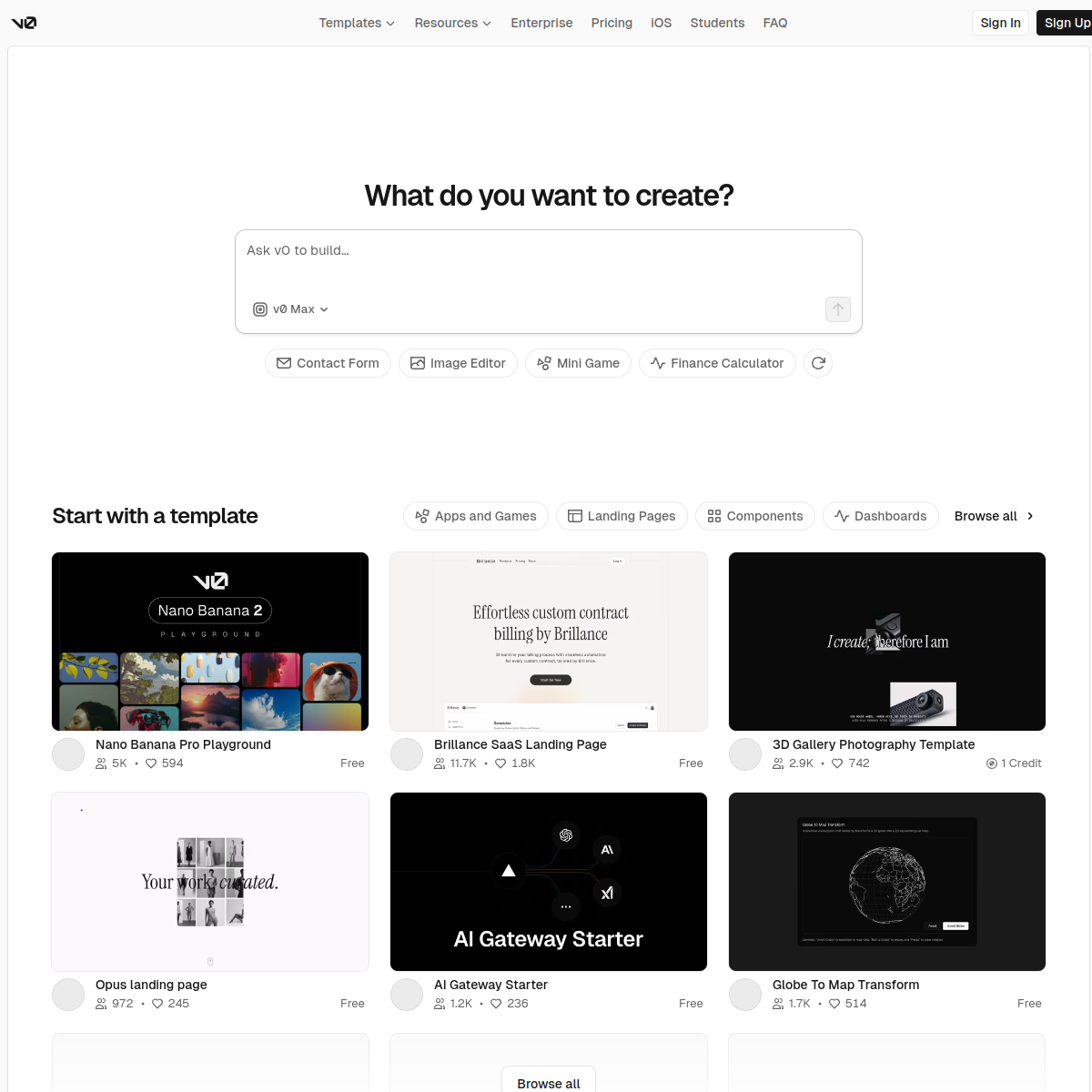 v0 by Vercel 官网截图