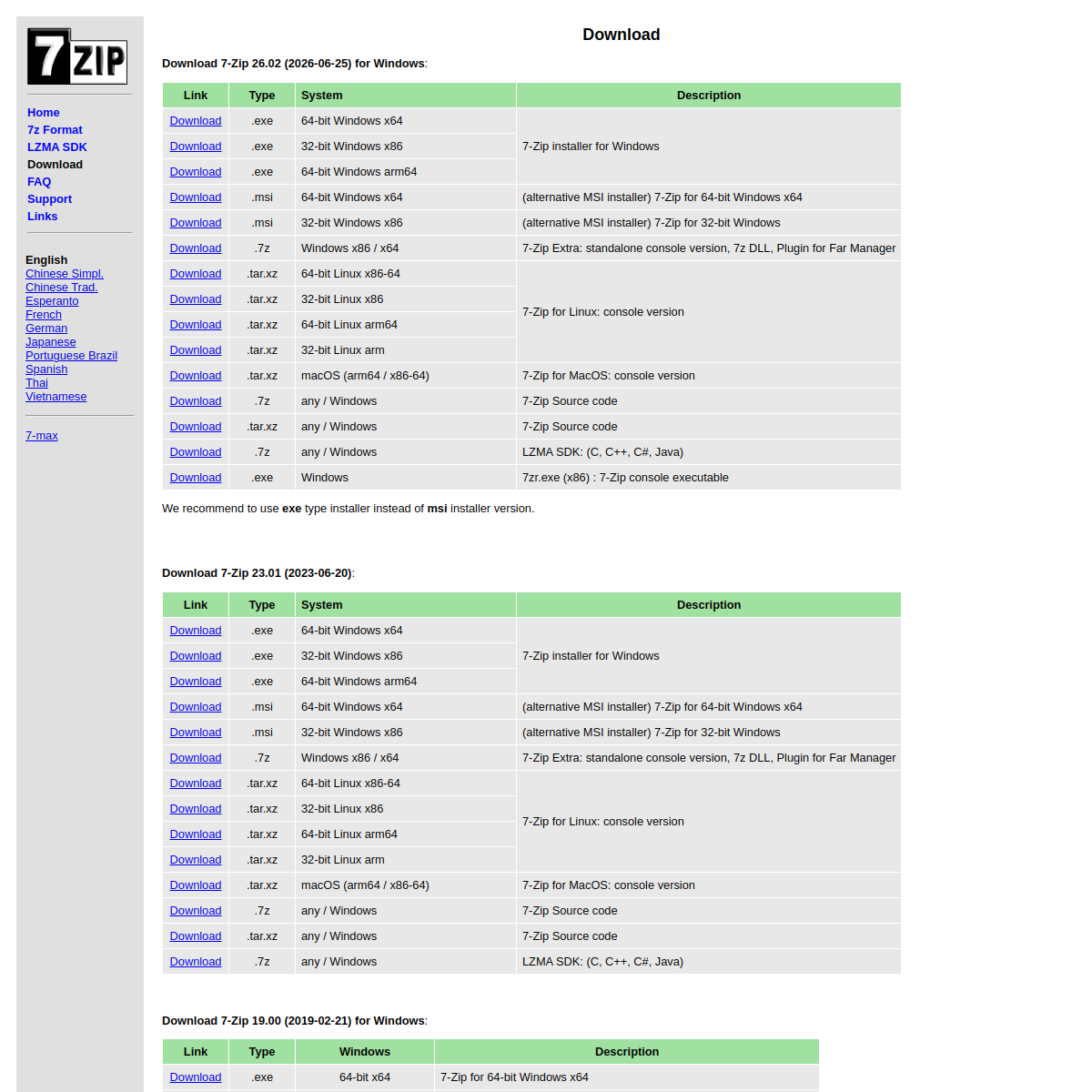 Capture d'écran de 7-Zip — Site officiel et interface de 7-Zip (7-zip.org)