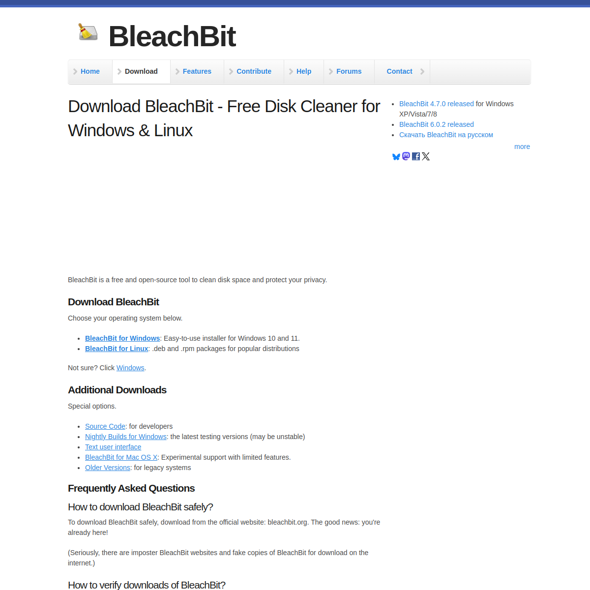 Capture d'écran de BleachBit — Site officiel et interface de BleachBit (bleachbit.org)