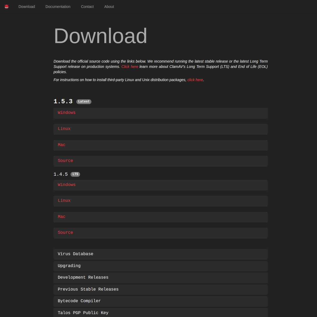 Capture d'écran de ClamAV — Site officiel et interface de ClamAV (clamav.net)