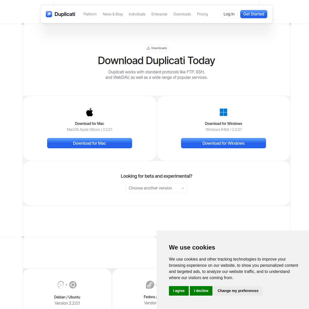 Capture d'écran de Duplicati — Site officiel et interface de Duplicati (duplicati.com)