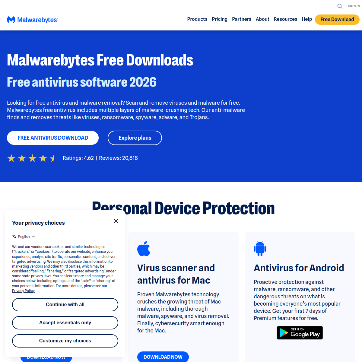 Capture d'écran de Malwarebytes — Site officiel et interface de Malwarebytes (malwarebytes.com)