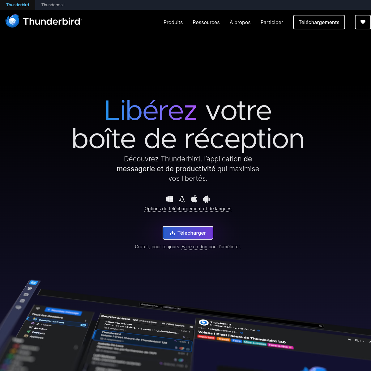Capture d'écran de Thunderbird — Site officiel et interface de Thunderbird (thunderbird.net)