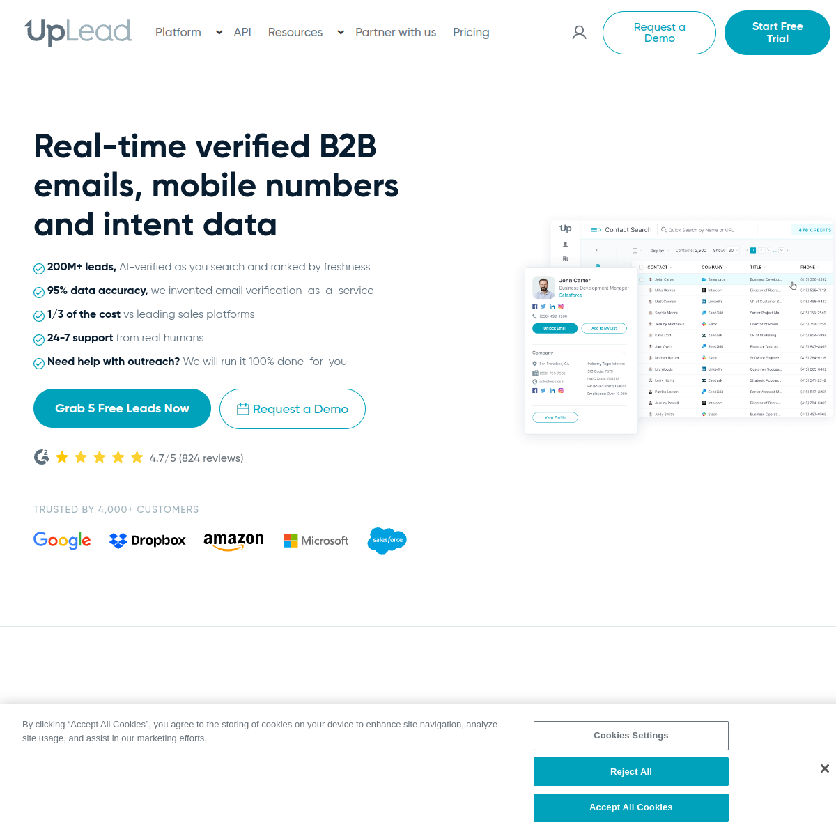 Screenshot of UpLead