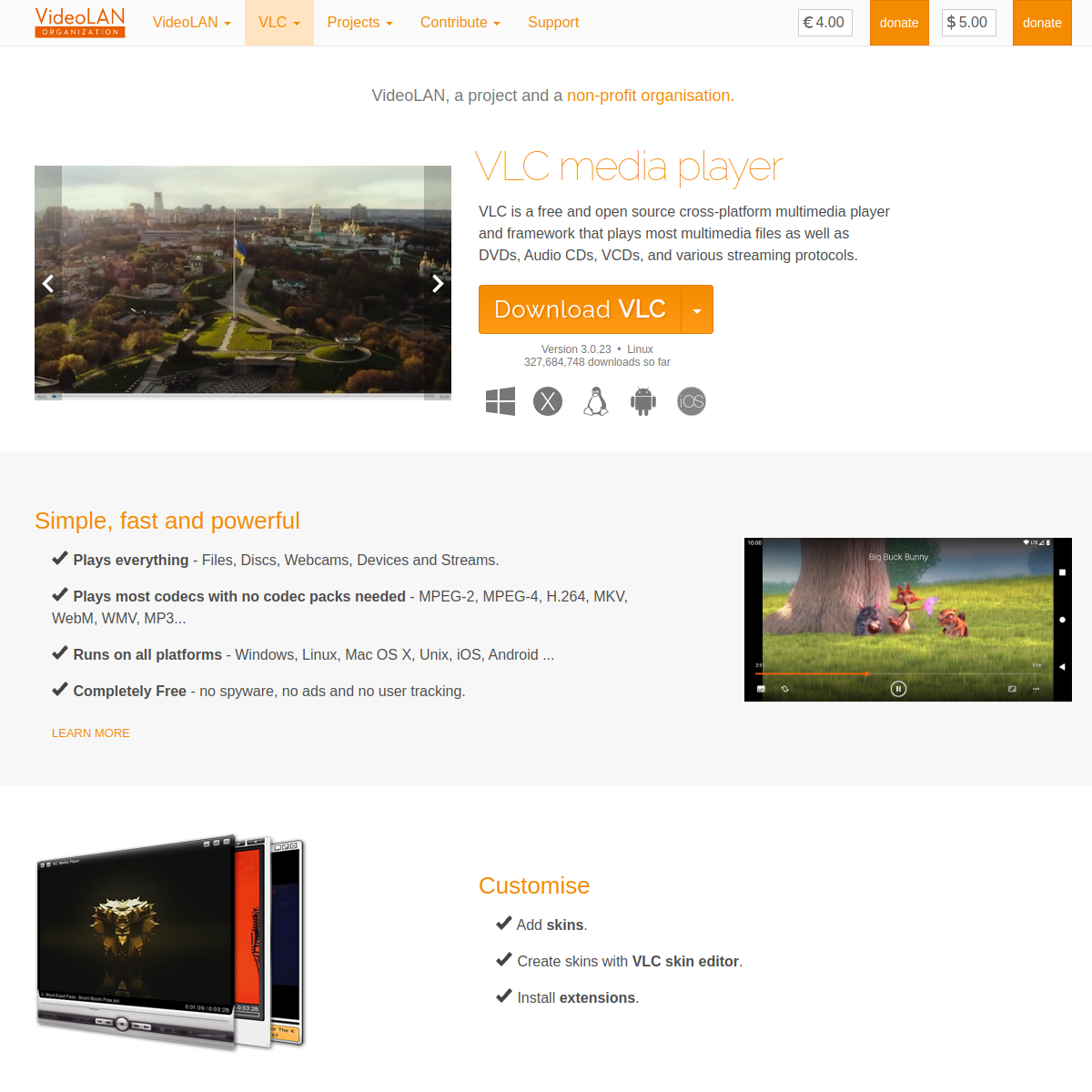 Capture d'écran de VLC Media Player — Site officiel et interface de VLC Media Player (videolan.org)