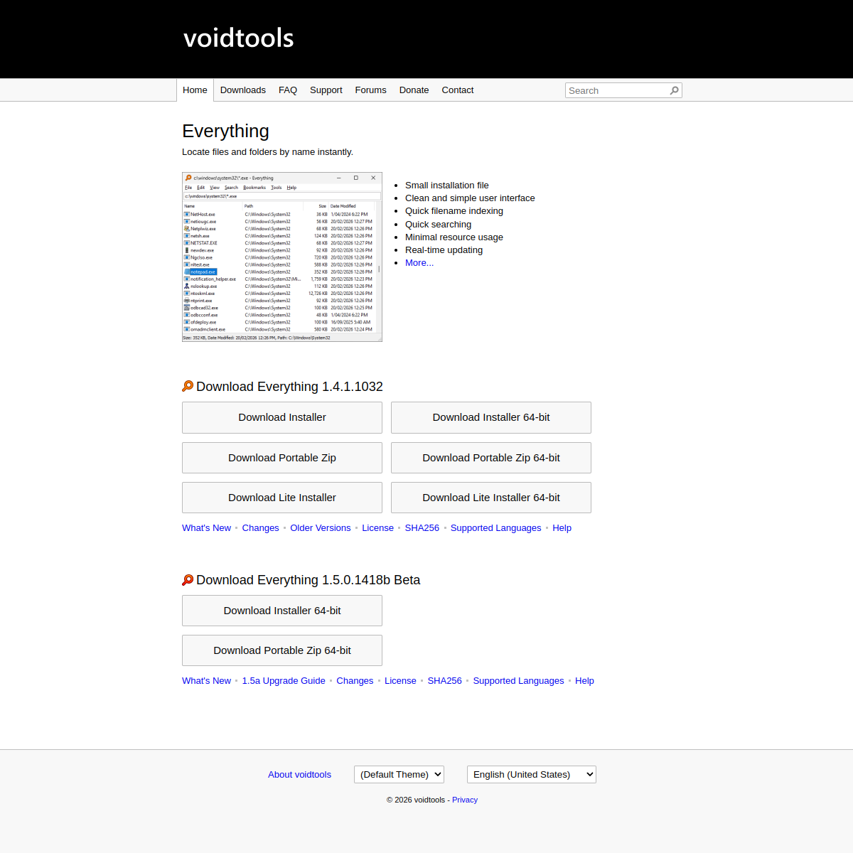 Capture d'écran de Everything — Site officiel et interface de Everything (voidtools.com)